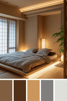 a large bed sitting in a bedroom next to a window with lots of light on it