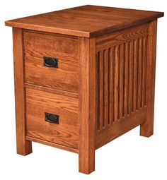 a wooden night stand with two drawers on one side and an open drawer on the other