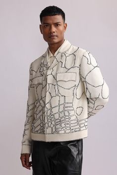 White full sleeves button down jacket with abstract thread embroidery and front pockets. - Aza Fashions Embroidery Jacket, Button Down Jacket, Men Jackets, Thread Embroidery, Notch Collar, Embroidered Shorts, White Embroidery, Full Sleeves, Short Jacket