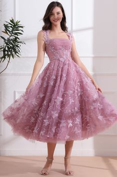 Corset 3D Butterflies Dusty Pink Midi Dress Elegant Sleeveless Fairy Dress For Spring, Spring Gala Midi Dress With Spaghetti Straps, Pink Midi Length Evening Dress For Prom, Feminine Tea Length Prom Midi Dress, Pink Tea Length Midi Dress For Cocktail, Feminine Tea-length Prom Midi Dress, Summer Gala Midi-length Corset Dress, Pink Midi Dress For Wedding Guest During Prom Season, Pink Tea-length Midi Dress For Cocktail