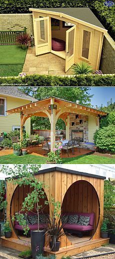 an outdoor living area made out of wood and surrounded by greenery, plants and trees