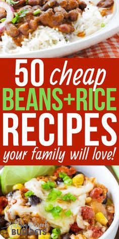 the cover of 50 cheap beans and rice recipes your family will love, with text overlay