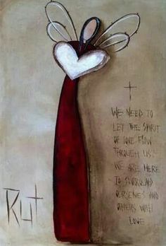 a painting with words written on it and an angel in a red dress holding a cross