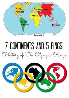 the olympic rings are displayed in front of a map and text that reads, 7 continentss and 5 rings history of the olympic rings