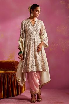 Ivory kurta with sequin embroidery. Paired with a peach salwar and mint embroidered dupatta. - Aza Fashions Salwar Pattern, Sequin Embroidery, Embroidered Dupatta, Sequins Embroidery, Set For Women, Aza Fashion, Mustard, Types Of Sleeves, Sequin