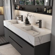 a bathroom with two sinks and mirrors on the wall next to each other in front of a window