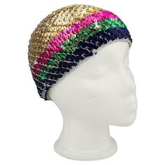 Roy Halston Frowick began his career as a hat designer. He was best known for his pillbox style creations before expanding into women's wear and revolutionizing the way his jet set clients dressed for daytime to disco nights. This rainbow sequin and silver knit crochet hat would have been a "look" in the Studio 54 days when a bit of flash was the choice of the high fashion celebrity club goers. In excellent condition with enough stretch to fit on a small to medium head. Lovely Halston label. Goe Roy Halston, Crochet Skull Cap, Disco Night, Crochet Skull, Liza Minnelli, Robes Vintage, Studio 54, Cloche Hat, Women's Wear