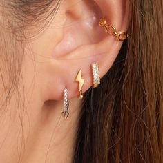 Ear Piercings Lightning Bolt, Elegant Silver 14k Gold-filled Cartilage Earrings, Big Lightning Bolt Earrings, Lightning Bolt Stud Earrings, Lightning Bolt Earrings Dangle Gold, Hypoallergenic Jewelry, Different Outfits, Lightning Bolt, Delicate Earrings