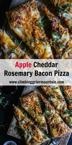 an apple cheddar rosemary bacon pizza on a cutting board next to some dipping sauce