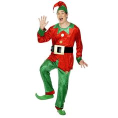 a man dressed in an elf costume with his hands out to the side and one hand outstretched