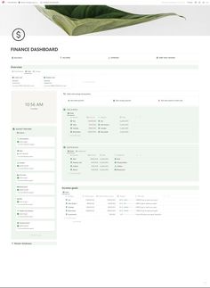 an image of a green leaf on top of a white page with the words finance dashboard