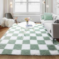 a living room filled with furniture and a checkered rug