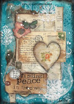 an altered collage with words and pictures on it, including a heart in the middle