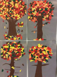 four pictures of trees with leaves on them, one is made out of paper and the other has been cut into smaller pieces