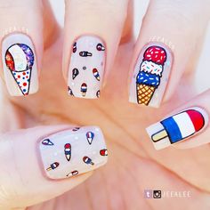 Fourth of July Treats Nails!! 🍦💙🍧❤ + White crelly base - @jllacquer - "Leia" + #nailart #handpaintednailart #nailsofig #nails #nailitdaily… 4th Of July Ice Cream Nails, 4th Of July Nails Ice Cream Cone, Cherry Fourth Of July Nails, Red White And Blue Nails, Groovy 4th Of July Nails, White And Blue Nails, 4th Of July Nail Art, Firework Nail Art, Striped Nail Designs