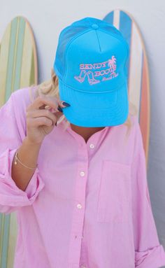 If you're a part of the Sandy Boots Beach Club, you need this trucker hat. We love the pretty blue and pink color way!

ALL HATS ARE FINAL SALE! Pink Casual Trucker Hat For Vacation, Casual Pink Trucker Hat For Beach, Casual Pink Trucker Hat For The Beach, Casual Pink Trucker Hat For Vacation, Trendy Blue Trucker Hat For Vacation, Pink Trucker Hat For Beach Season, Pink Fun Trucker Hat For Beach Season, Fun Blue Trucker Hat For Vacation, Blue Trucker Hat For Vacation