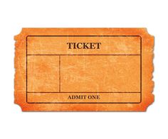 an orange ticket with the word admit one on it and a black stripe across the center