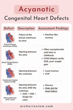 Acyanotic congenital heart defects don’t typically cause cyanosis (bluish skin) because blood flow still delivers enough oxygen to the body.

However, they often involve increased blood flow to the lungs (left-to-right shunt), which can lead to complications over time.

There are four main types you need to know:

❤️ Patent ductus arteriosus (PDA) ➡️ failure of the ductus arteriosus to close

❤️ Atrial septal defect (ASD) ➡️ opening between the atria

❤️ Ventricular septal defect (VSD) ➡️ opening between the ventricles

❤️ Atrioventricular canal ➡️ opening between the atria AND the ventricles

Save this for your nursing school and Next Generation NCLEX studying and follow @ArcherReview for more NCLEX tips!