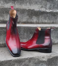 Red Black Shaded Leather Men Chelsea Boot Handmade on Storenvy Red Leather Boots Standard Fit, Luxury Red Chelsea Boots With Round Toe, Luxury Red Men's Boots, Men's Luxury Plain Toe Chelsea Boots, Red Leather-sole Boots For Outdoor, Boot For Men, Quality Leather Boots, Shoe Boot, Custom Design Shoes