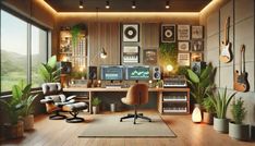 a room with lots of plants and music equipment