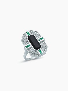 14K White Gold, 0.35 ct. G-VS Diamonds, 0.31 ct. Tsavorite, Onyx  Encrusted with a stunning array of diamonds and tsavorites, Melis Goral's ring is fashioned in a sleek geometric design. It's molded from 14-karat white gold and complete with a central faceted onyx stone. Tsavorite Ring, S Ring, Vs Diamond, Colored Gems, Charm Rings, Deep Space, Onyx Stone, Pendant Earrings, Ring Bracelet