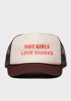 Hot girls love sharks! No one will second guess your love for sharks while wearing this cap Brown and tan hat with red printing; trucker hat with adjustable back. One size fits most. Meg Core, Shark Hat, Shark Pictures, Silly Hats, Tan Hat, Purpose Driven, You're Beautiful, Bon Bon, Girls Love