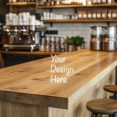 a wooden bar with stools in front of it and the words your design here