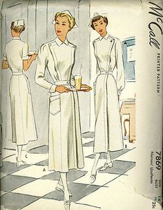 McCall 7869 ~ A true collector's pattern ~ vintage classic nurses' uniform from the 1940s ~ eBay auction by echo-cat ended  September 29 2012 ~ winning bid was $154.09 Nurse Things, Doctor Scrubs, Women In White, Costume Sewing, Nurse Rock, Costume Sewing Patterns, Nursing Cap