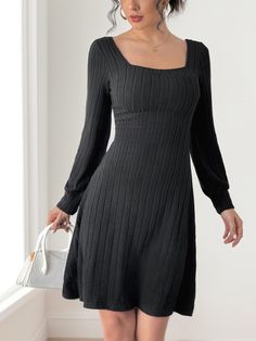 F00288668-104 Square Neck Long Sleeve Dress, Square Neck Long Sleeve, Long Sleeved Dress, Short Sleeve Tunic, Short Dresses Casual, Black Long Sleeve Dress, Plus Size Maxi Dresses, Daily Dress, Sweater Set