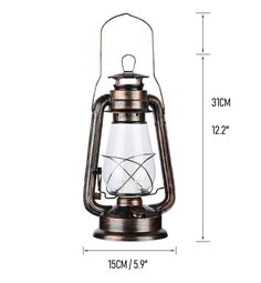 an old fashioned metal lantern with glass on the front and side, measurements for each light