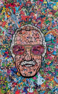 an image of a man with glasses on surrounded by comic character collages in the background