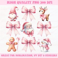 christmas stickers with santa claus, snowman, reindeer and other items in pink