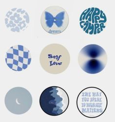 six different stickers that say self love, one with a blue butterfly on it