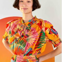 Farm Rio Orange Colorful Toucans Embroidered Blouse Never Been Worn Vibrant Blouse With Tropical Print For Vacation, Bohemian Multicolor Tropical Print Tops, Tropical Tops With Vibrant Print, Vibrant Tropical Print Multicolor Top, Tropical Short Sleeve Blouse, Short Sleeve Blouse With Tropical Print, Tropical Print Multicolor Tops, Multicolor Tropical Print Top, Tropical Multicolor Tops With Tropical Print