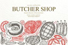 the butcher shop poster with hand drawn meats, sausages and other vegetables on white paper