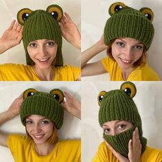 "This cute Frog balaclava is soft. The unique design keeps the ears warm and cosy thanks. This amazing frog balaclava is made from soft wool blend yarn. Perfect for any age. You can put it on to the snowboarding, skiing and walking. You will receive this item in a gift box. I can make this hat in any size, baby - adult. Please specify what size you would like. Fit tape measure snugly all the way around widest part of head approximately 1\" above the eyebrow, just above the ears and at the point Crochet Funny Projects, Knit Frog Hat, Frog Balaclava, Knit Animal Hat, Crochet Frog Hat, Crochet Funny, Womens Winter Hat, Amazing Frog, Frog Hat