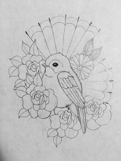 a pencil drawing of a bird surrounded by flowers