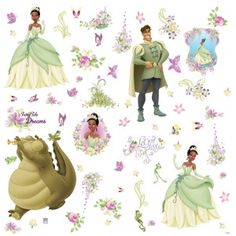 the princess and the frog wall decals are shown in various sizes, shapes and colors