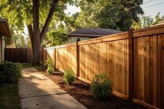 a wooden fence in front of a house with trees and bushes on the side walk