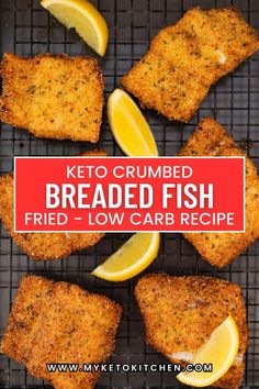 fried breaded fish on a grill with lemon wedges