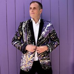 One of a kind, Blazer, Men's, Unique, Customized Men's, Painted, Suit, Jacket, Black Blazer, Gold, W Purple Blazer, Mardi Gras Costumes, Painted Jacket, Mens Sport Coat, Purple Paint, Man Party, Custom Jacket, Carnival Costumes, Jacket For Men