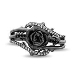 Dark Engagement Ring, Maleficent Ring, Black Wedding Ring Sets, Thorny Rose, Black Rose Ring, Rose Silhouette, Pink Wedding Rings, Queen Rings, Enchanted Jewelry