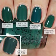 Manicure Ideas For Short Nails Green, Green Nail Gel Polish, Dark Green Nail Polish Colors, Green Nail Shades, Opi Dark Green Nail Polish, Opi Green, Opi Shades, Green Manicure, Nail Swatches