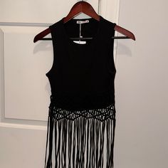 New With Tags Zara Black Tassel Top With Crochet Detail Size Small Black Tassel Tops For Summer, Chic Tops With Tassels For Night Out, Chic Tassel Top For Night Out, Black Summer Tops With Tassels, Bohemian Fringe Top For Night Out, Black Tops With Tassels For Night Out, Black Zara Tank Top For Party, Black Tops With Beaded Fringe For Night Out, Black Beaded Fringe Tops For Night Out