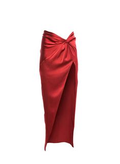 Silk Twist Knot Skirt | Fleur du Mal Silk Ruched Draped Skirt, Chic Long Silk Wrap Skirt, Asymmetrical Satin Draped Skirt For Evening, Evening Satin Asymmetrical Draped Skirt, Evening Asymmetrical Satin Draped Skirt, Satin Draped Skirt, Pre-draped Long Skirt For Party, Chic Red Silk Bottoms, Chic Draped Skirt For Formal Occasions