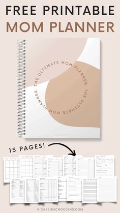 the free printable mom planner is shown with an arrow pointing up to it's page