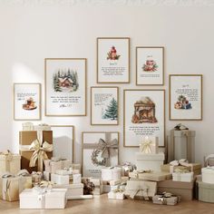 a room filled with lots of boxes and presents on top of a wooden floor next to pictures