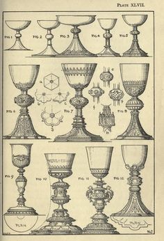 an old book with many different types of goblets