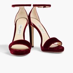 Jimmy Choo - Misty 120 Velvet Sandals Burgundy. Never Worn, Comes With Box And Dust Bag. Brand New Adjustable Ankle Strap Leather Sole Made In Italy Dark Red Heels, Red Velvet High Heels, Luxury Red Heels With Heel Strap, Red Sparkly Heels, Christmas Heels, Red Glitter Heels, Jimmy Choo Red Heels, Red Velvet Heels, Lilac Heels