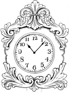 an ornate clock with roman numerals and numbers on the face, vintage line drawing or engraving